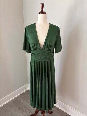 Baltic Born Janette Midi Dress Stretch Emerald Flutter Sleeve Deep V Neckline 1X